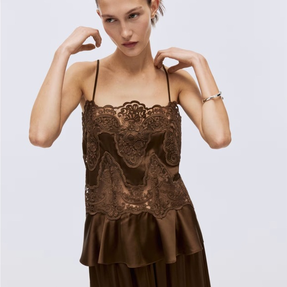 H&M Tops - H&M Edition Brown Lace-Detail Satin Camisole Top. Large. NWT 1333829001